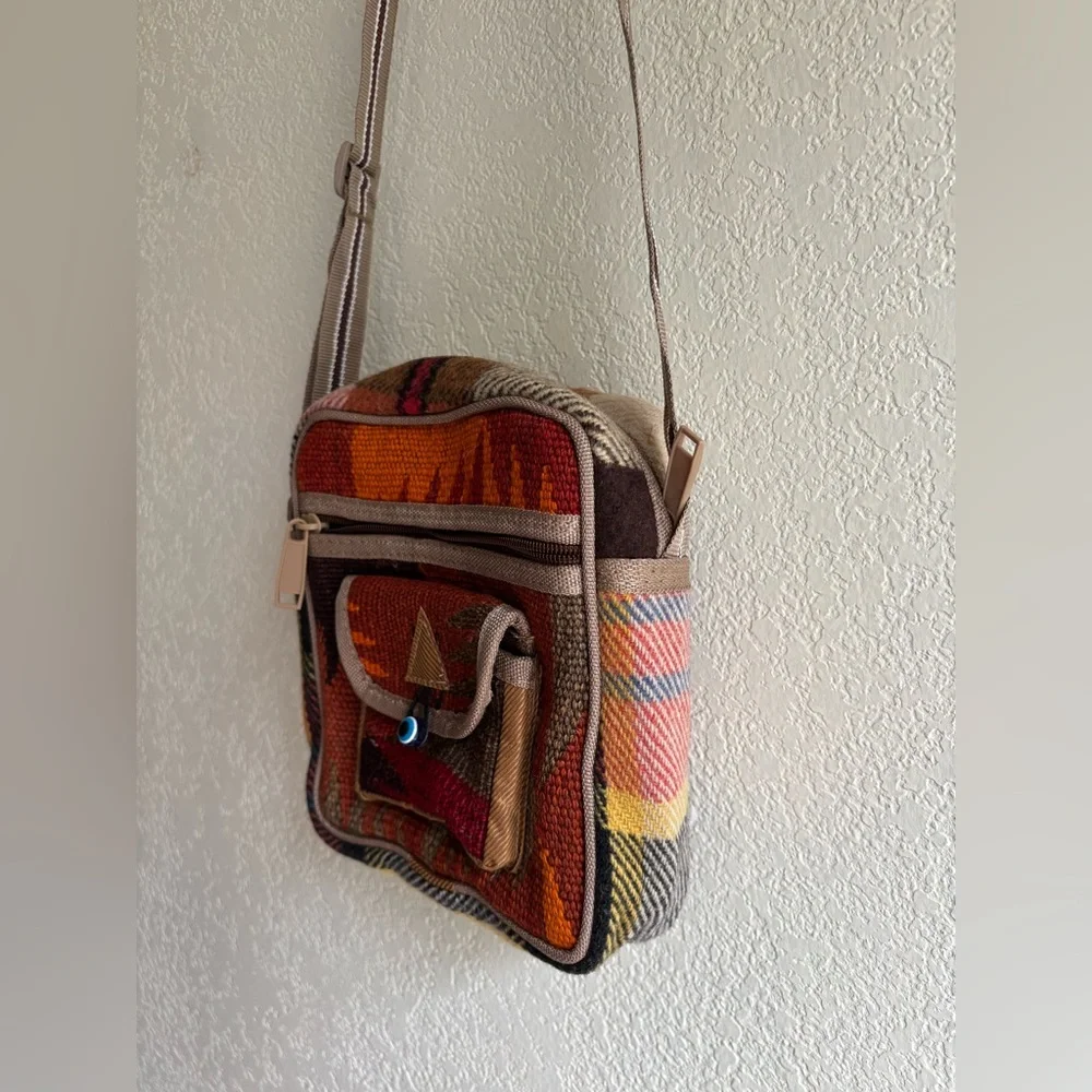 Unique Turkish Kilim Cross-Body Bag Colorful Geometric Pattern & Evil Eye Bead
